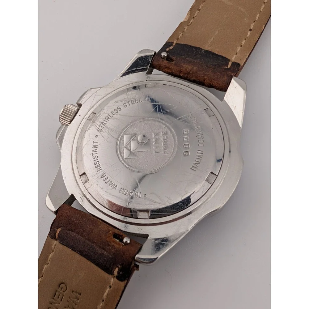 Time‎ Force Watch Men 43mm Case Flags Brown Leather Band- New Battery